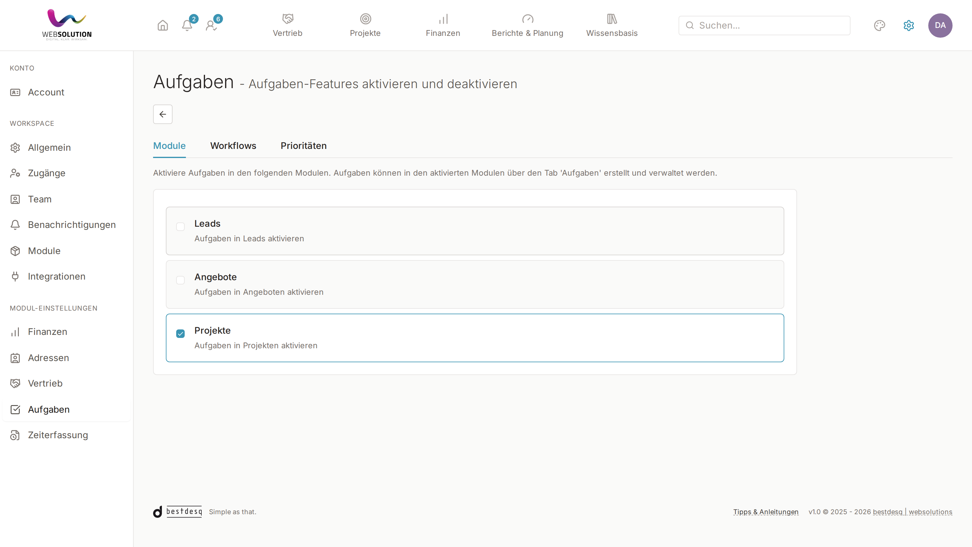 Aufgaben für Module aktivieren