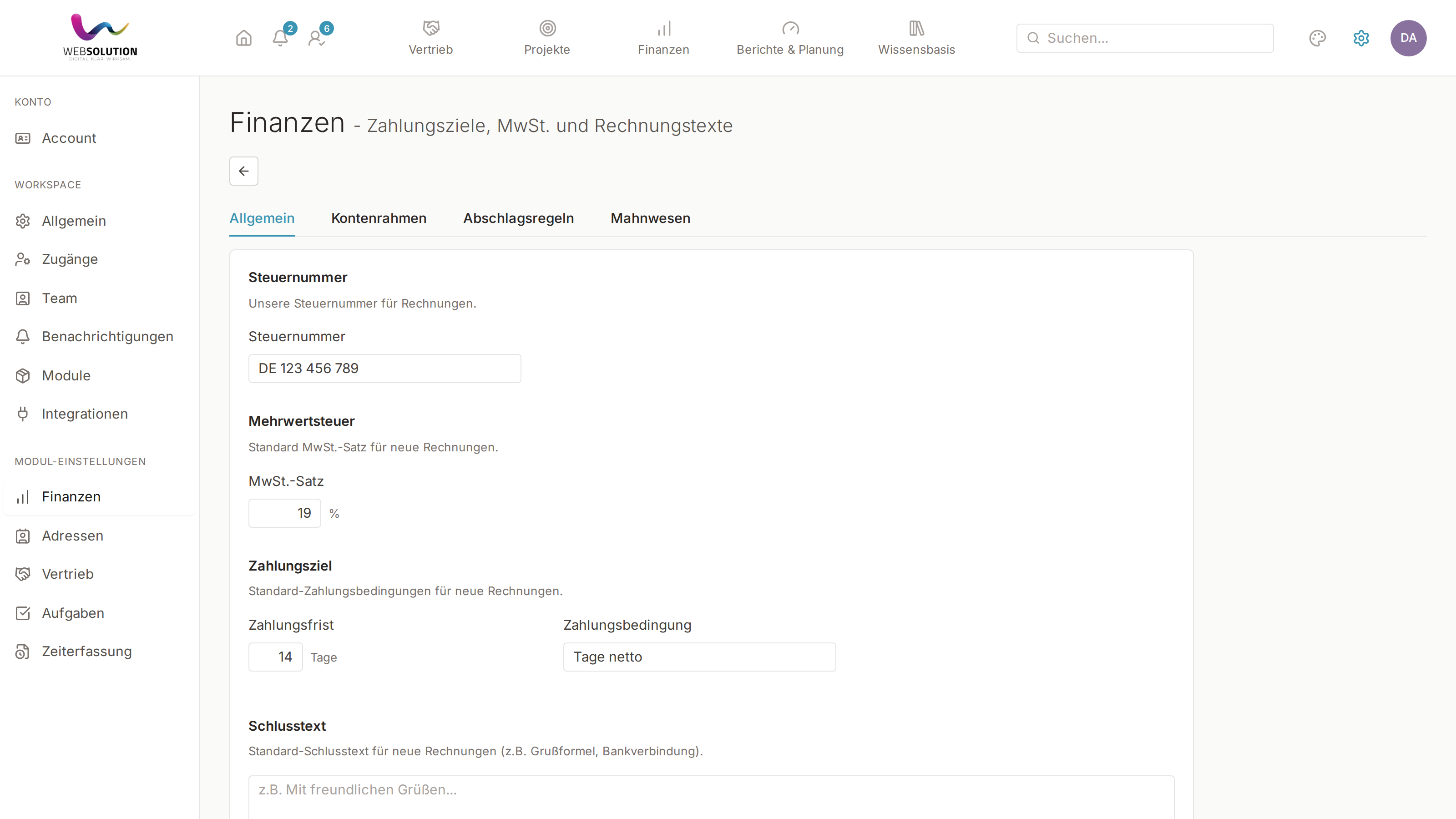 Finanzeinstellungen (Allgemein)